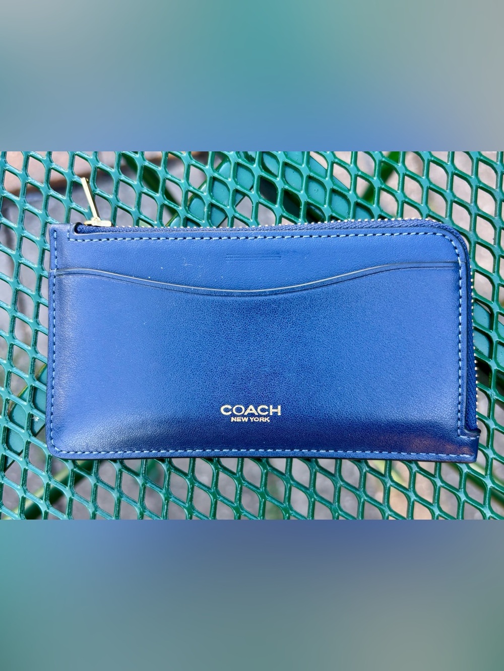 COACH Blue Leather Card Wallet with Zip